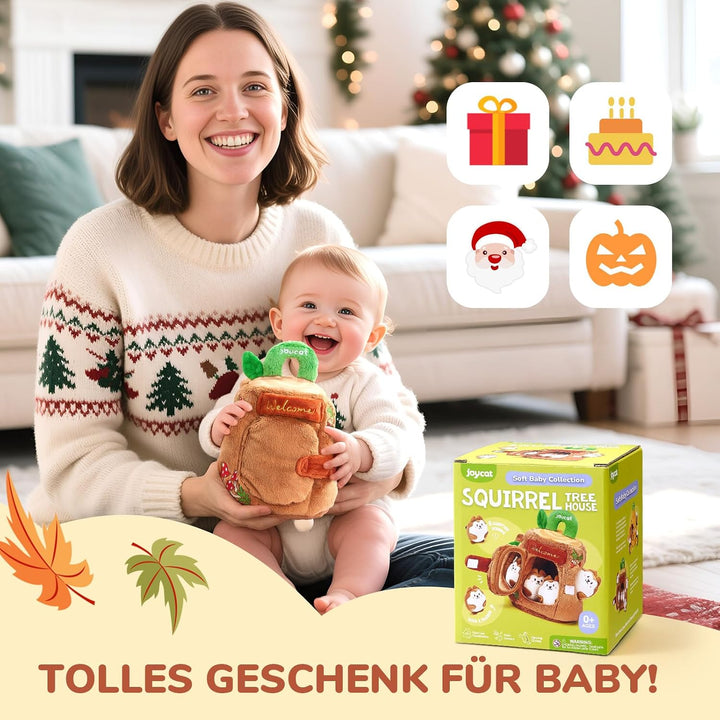 JoyCat Baby Spielzeug 6-12 Monate, Montessori BabySpielzeug Baumhaus | 5 Plüsch Eichhörnchen, Rassel