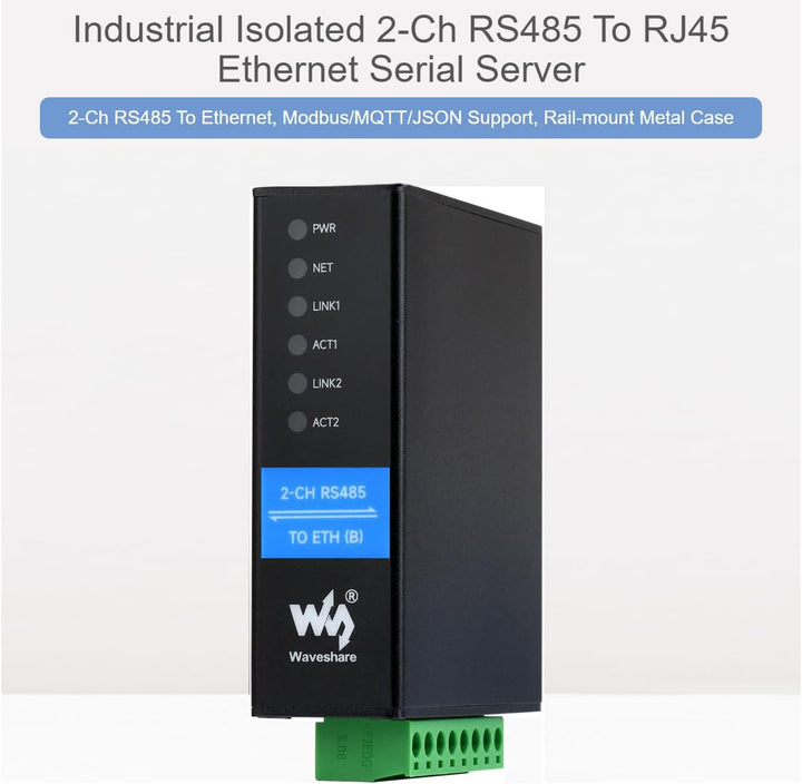Waveshare 2-CH RS485 to RJ45 Ethernet Converter Module, Industrial Rail-Mount Isolated Serial Server