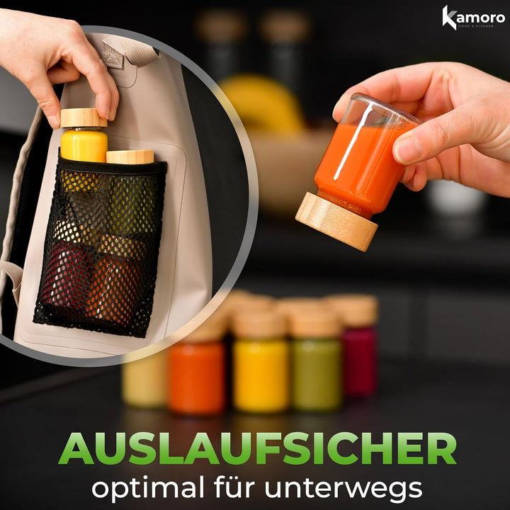 Ingwer Shotgläser 12er Set - Mini Gläser mit Bambusdeckel & Edelstahl Trichter [60ml] - Shot Flasche