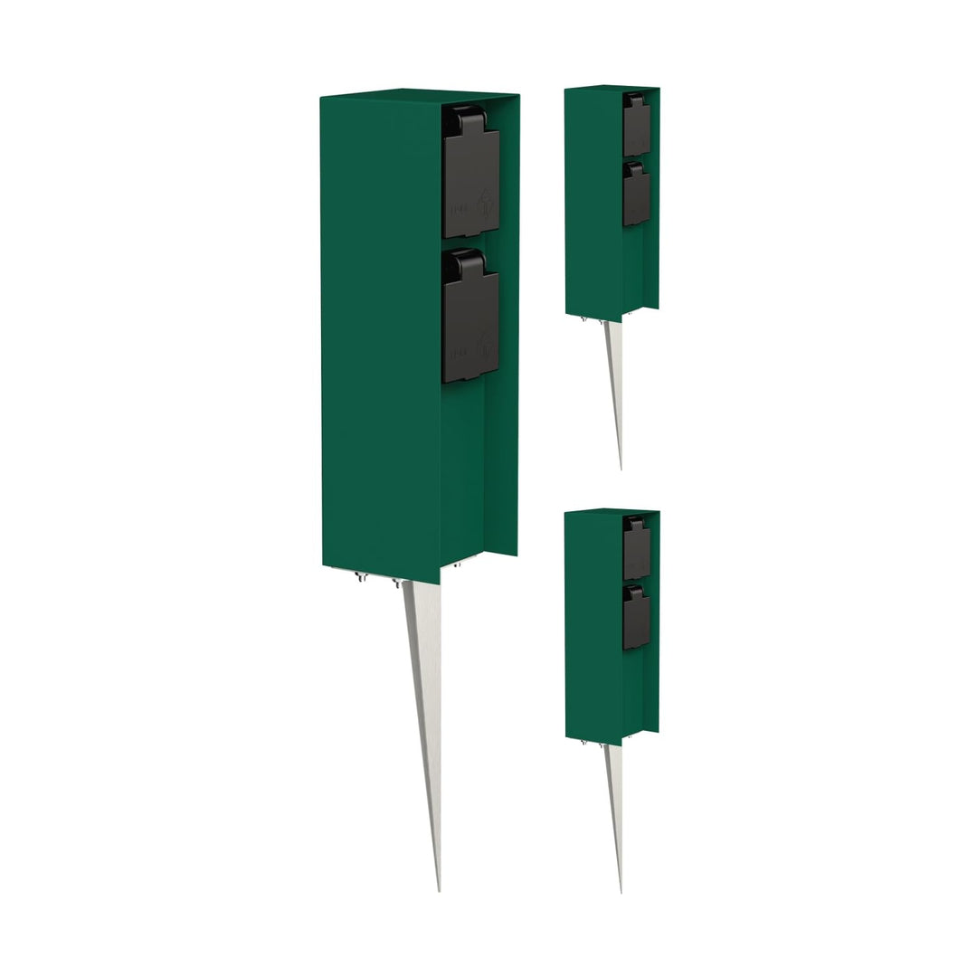 ledscom.de 3 Stück Garten-Steckdosen-Säule POMI mit Erdspiess für aussen, IP44, 2-Fach, grün, eckig,