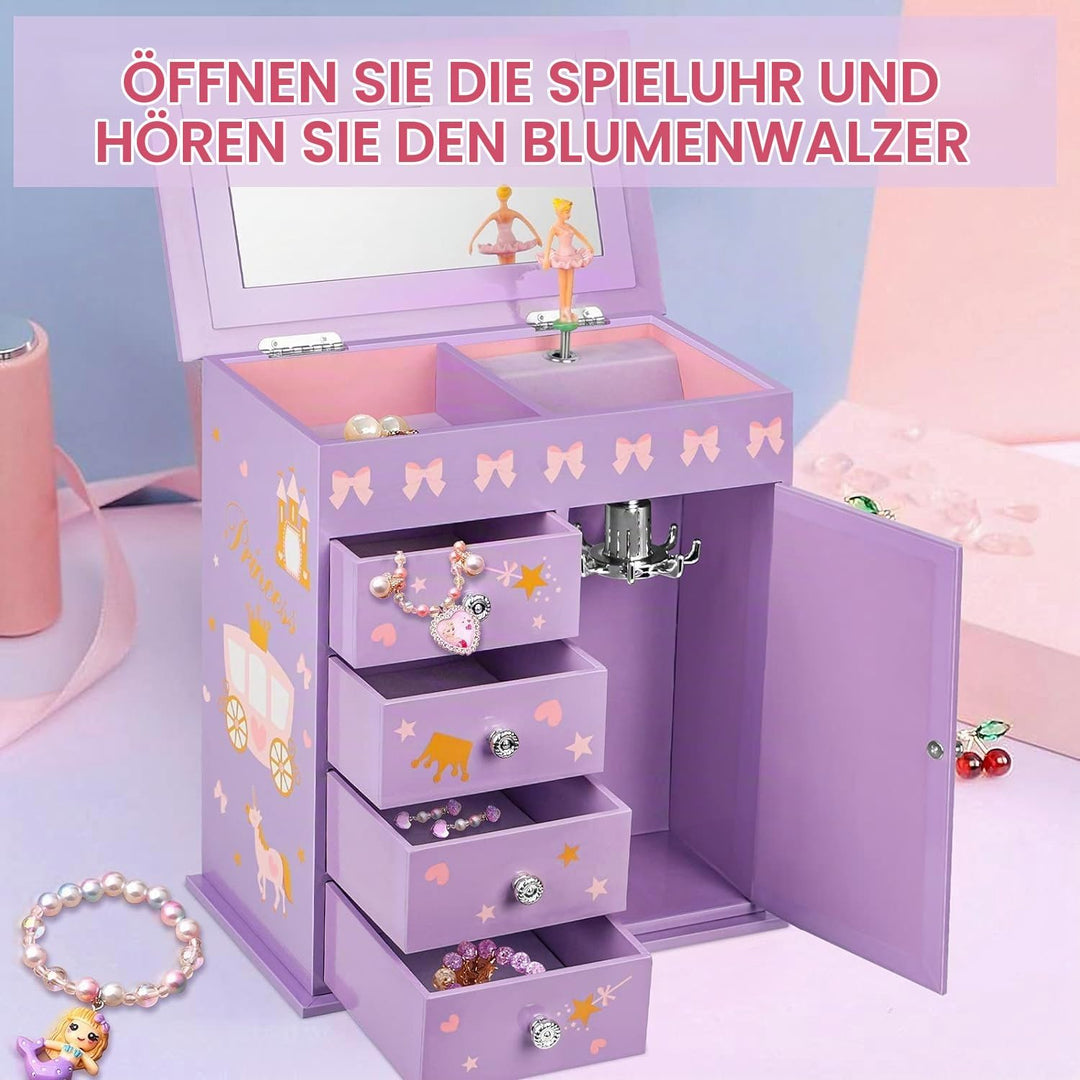 Schmuckkästchen für Mädchen mit 5 Schichten, Schwenktür, drehender Ballerina, Einhorn- und Schlossde