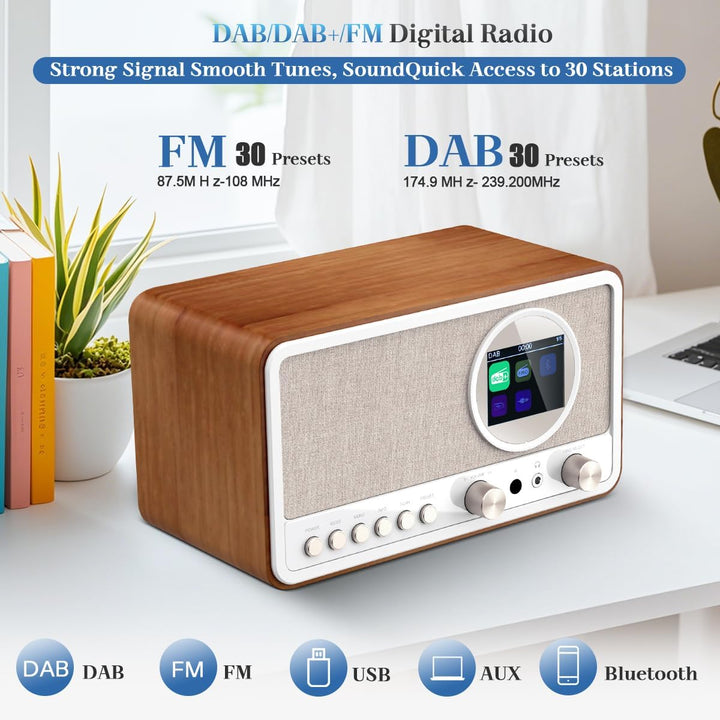 DAB DAB+ / FM Radio mit Fernbedienung, Bluetooth, 5W HiFi Lautsprecher, Kopfhöreranschluss, USB, AUX