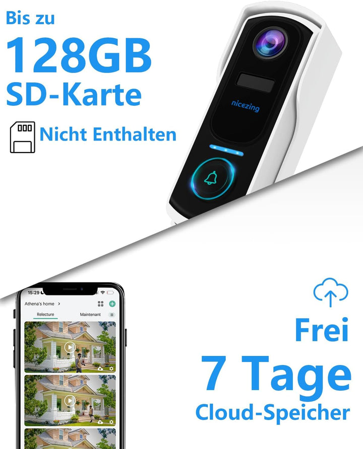 2K FHD Video Türklingel mit Kamera Kabellose Kompatibel mit Alexa, nicezing Funkklingel mit Kamera W