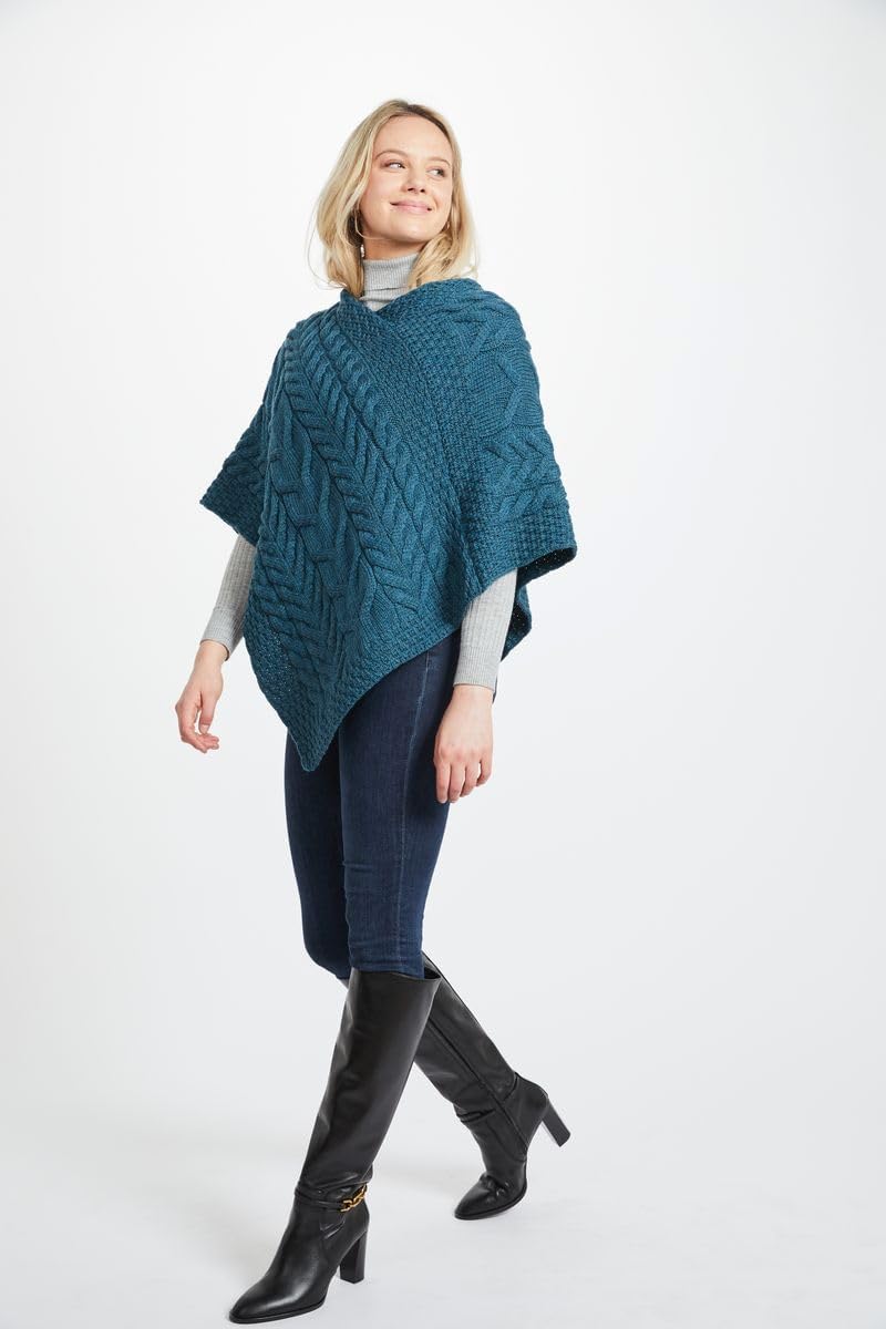 Aran Woollen Mills Superweicher Stilvoll Poncho aus 100% Merinowolle Einheitsgrösse Blaugrün/ein Hau
