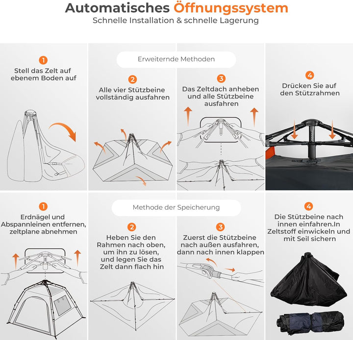 Camping Zelt 2 Personen Wurfzelt – Automatik Pop Up Zelt wasserdicht 3000mm mit 2 Türen und 2 Fenste