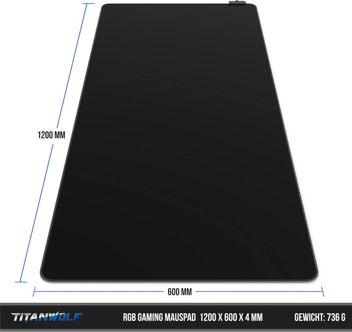 Titanwolf - XXXL RGB Gaming Mauspad – 1200 x 600 mm - Mousepad - LED Multi Color - 7 LED Farben Plus