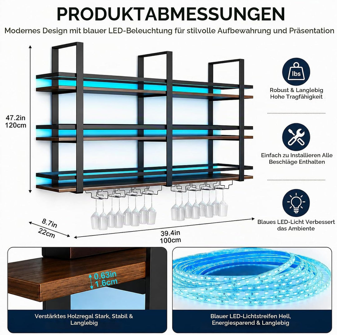 Weinregal Wand mit Glashalter, 3 Ebenen Industriell Wandmontierte Weinregal mit LED, Metallflaschenh