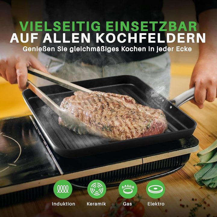 NutriChef Grillpfanne quadratische Gusseisenpfanne mit Antihaft-Rillenbeschichtung, 28 cm, Black