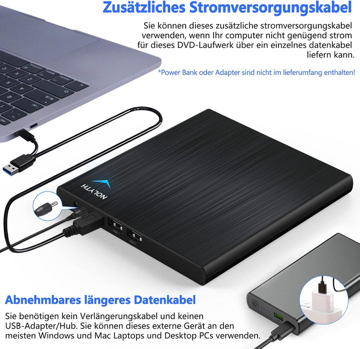 NOLYTH Externes CD Laufwerk für Laptop: DVD Laufwerk Extern mit 1 Audio 2 USB Slots - Tragbar Brenne