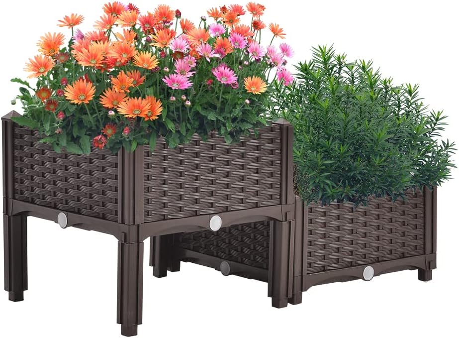 Mingone 2er Set Blumenkasten Rattan Optik Blumentopf aus Kunststoff Blumenkasten Balkonkasten mit Wa