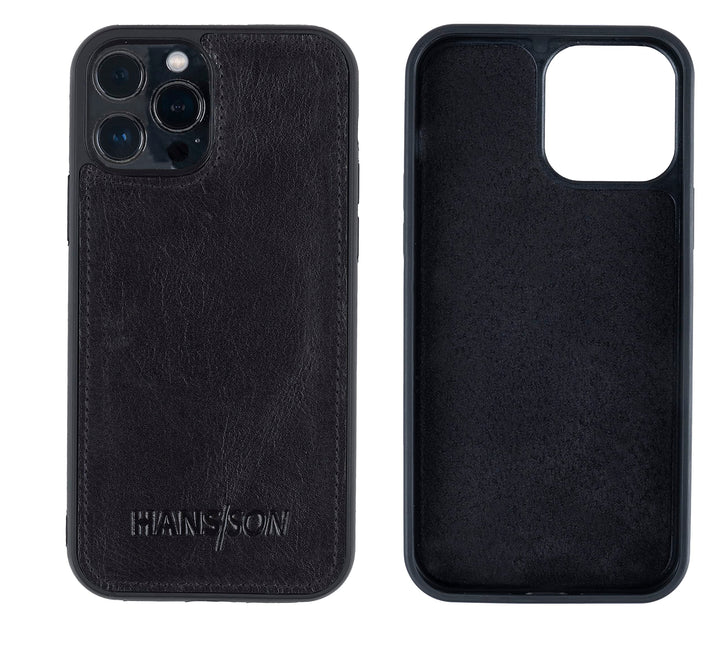 HANS/SON Echtlederhülle in Schwarz | iPhone 13 Pro Ledercase | Schutz vor Stürzen und Stössen | Mags