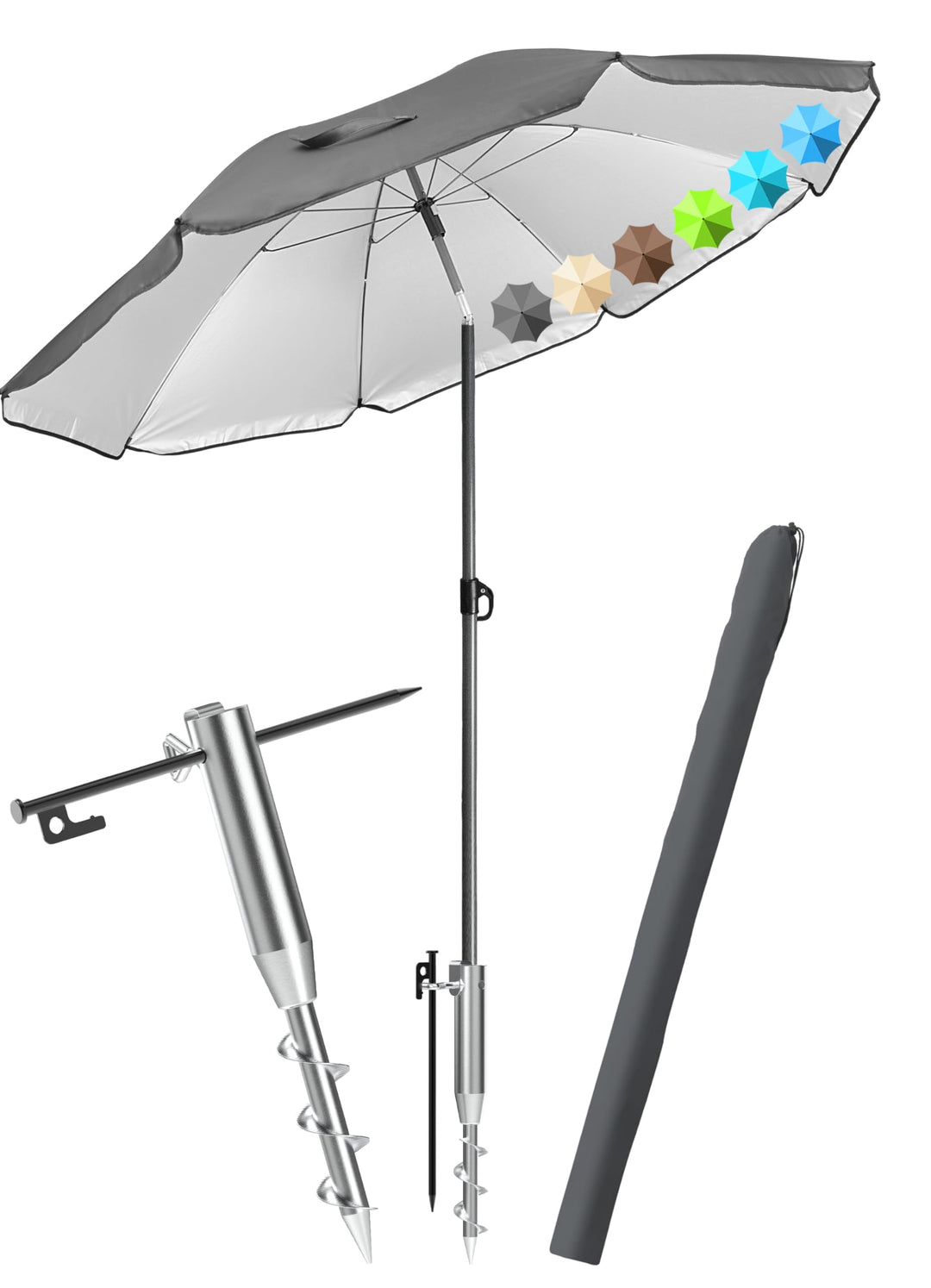 4smile Sonnenschirm Strand SET mit Eindrehbodenhülse, Ø 200 cm, Anthrazit | Strandschirm Windfest St