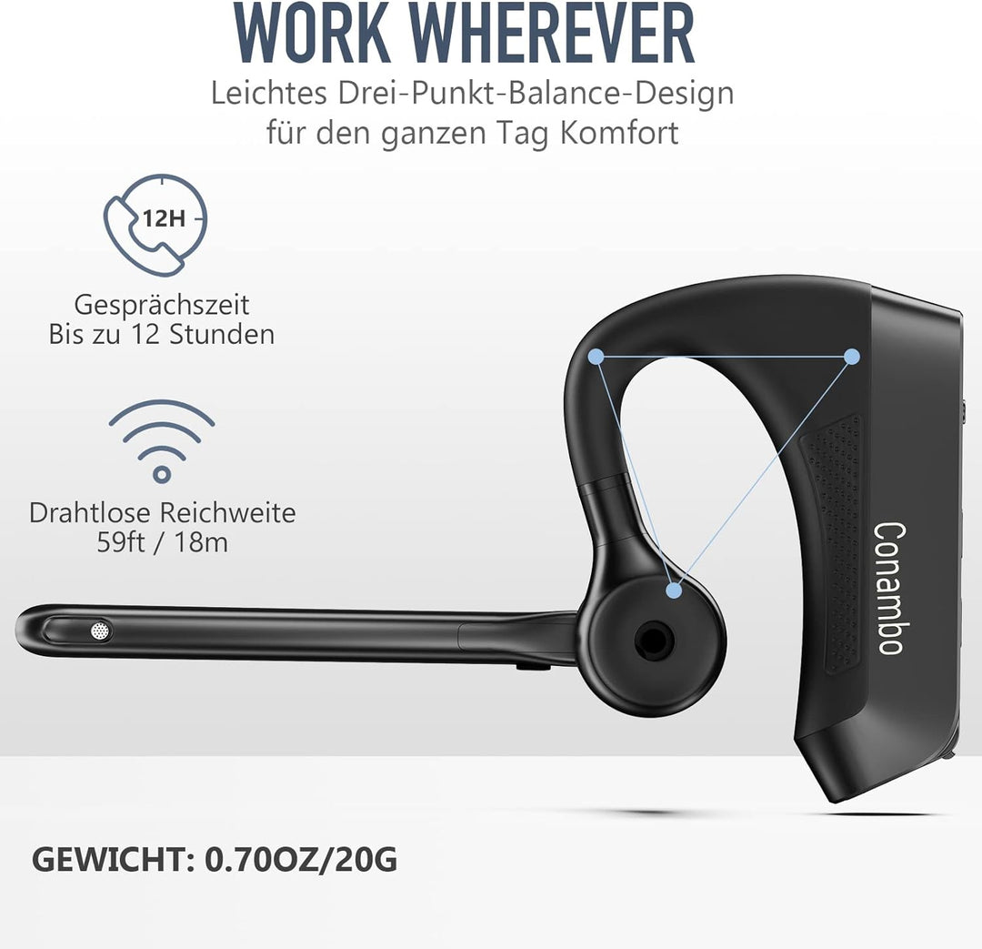 Conambo K21 Bluetooth Headset V5.1 with CVC 8.0 und ENC Rauschunterdrückung Technologie, mit Mikrofo