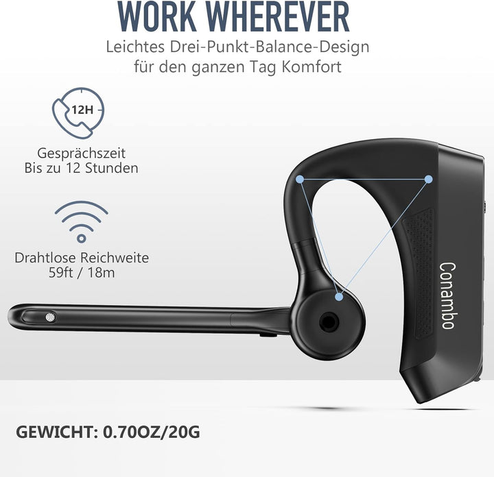 Conambo K21 Bluetooth Headset V5.1 with CVC 8.0 und ENC Rauschunterdrückung Technologie, mit Mikrofo