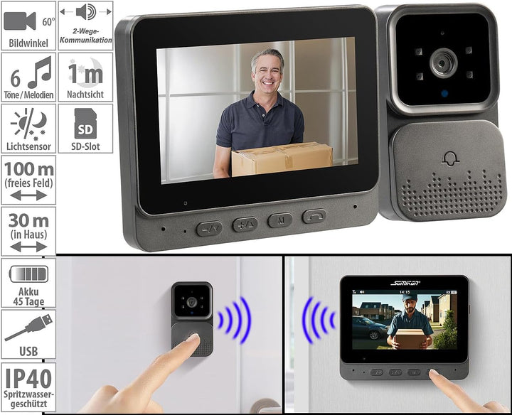 Somikon Funkklingel mit Kamera: Kabellose Plug-&-Play-Video-Funkklingel mit Monitor, IR-LEDs, schwar