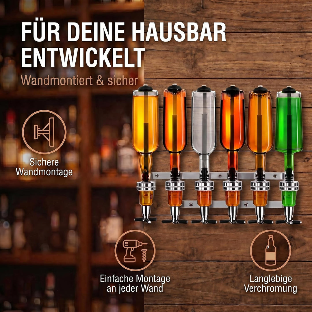 Bar-Butler zur Wand-Montage, 6-Fach Flaschen-Halter mit 4cl-Dosierer Getränkespender für Schnaps & W