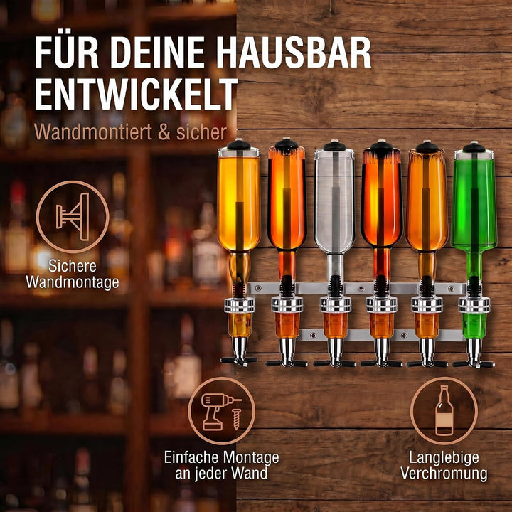 Bar-Butler zur Wand-Montage, 6-Fach Flaschen-Halter mit 4cl-Dosierer Getränkespender für Schnaps & W