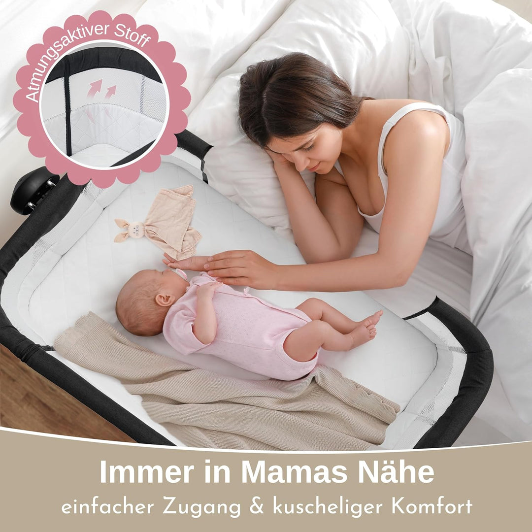 LullaBee Beistellbett & Baby Co-Sleeper – 6 Höhenstufen, Schaukel­funktion, Rollen, gesteppte Matrat