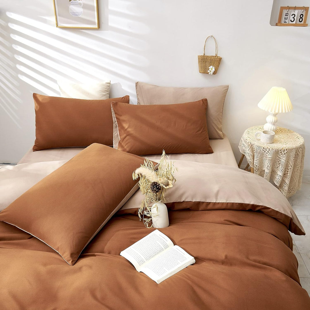 Damier Bettwäsche 155×220cm Karamell Braun Beige Uni Wendebettwäsche Set 2 Teilig Superweiches Micro