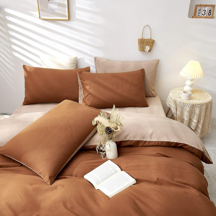 Damier Bettwäsche 155×220cm Karamell Braun Beige Uni Wendebettwäsche Set 2 Teilig Superweiches Micro