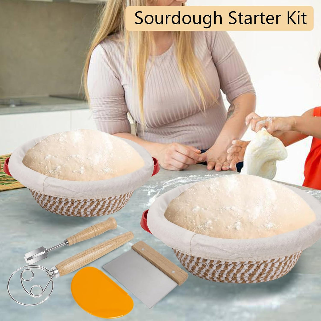 2 Gärkörbchen Rund,Sauerteig Starter Set,Geflochtener Gärkorb aus Baumwolle,Brot Backen Zubehör Mit