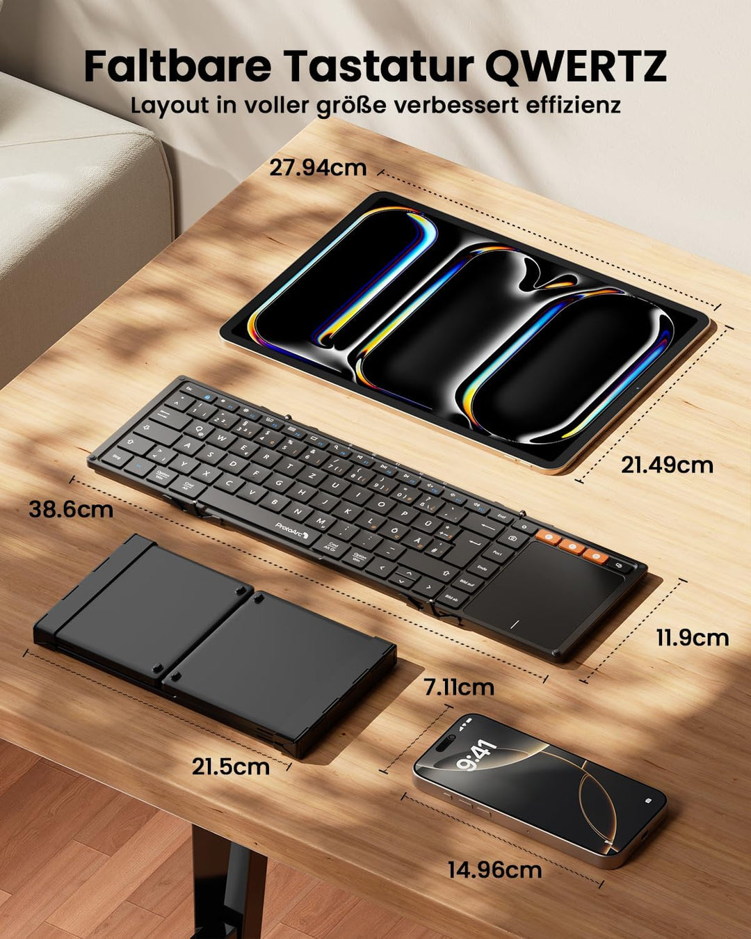 ProtoArc XK01 TP Bluetooth Tastatur Faltbare mit Touchpad, Tastatur Kabellos Klappbare QWERTZ Deutsc