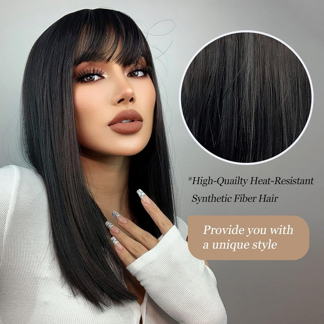 HAIRCUBE Schulterlang Gerade Kurze Perücken Schwarze Perücke Synthetische Perücken mit Pony Welle Ha
