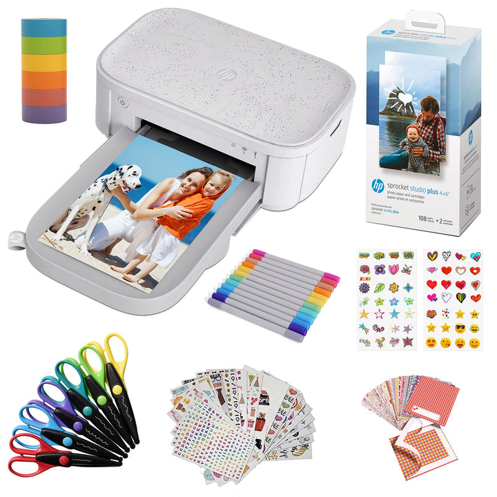 HP Sprocket Studio 4 x 6 Zoll Sofortbilddrucker (Weiss) Kit: Zink-Papier 80er Pack, Fotoalbum, Etui,
