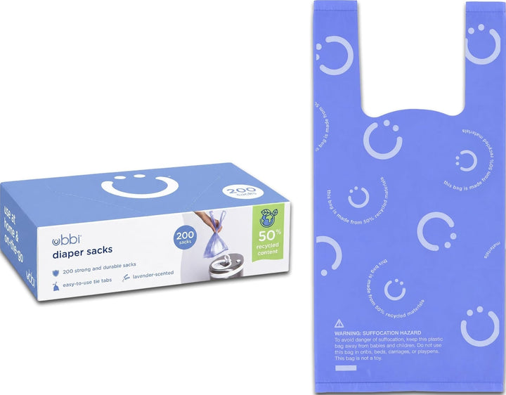 Ubbi Disposable Nappy Sacks, Lavender Scented, Easy-To-Tie Tabs, Baby Nappy Disposal, 200 Count 200