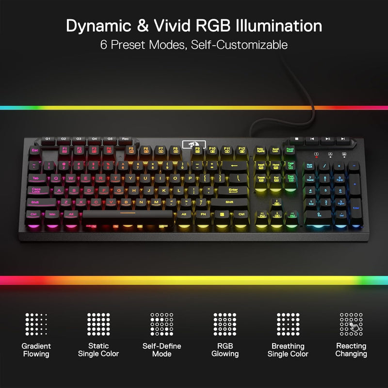 Redragon K513 RGB-Membran-Gaming-Tastatur, lineare mechanische Standardtastatur mit 104 Tasten und 5