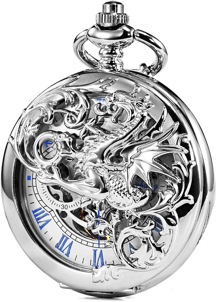 TREEWETO Unisex Taschenuhr mit Kette Analog Handaufzug Doppelscharnier Antik Drache Skelett Bronze 6