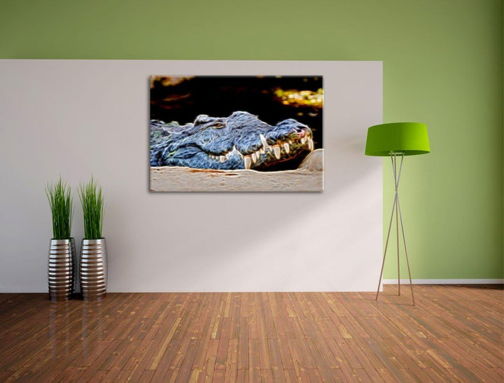 Dark gigantisches Krokodil Deluxe Format: 100x70 cm auf Leinwand, XXL riesige Bilder fertig gerahmt