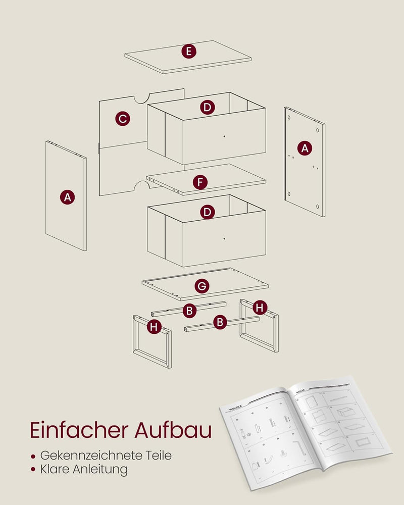 VASAGLE Nachttisch, Beistelltisch mit Stauraum, 2 herausnehmbare Schubladen, Nachtschrank für Schlaf