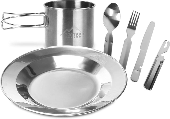 normani Camping Edelstahl Geschirrset Besteck + Teller + Tasse Silver/2 Einheitsgrösse, Silver/2 Ein