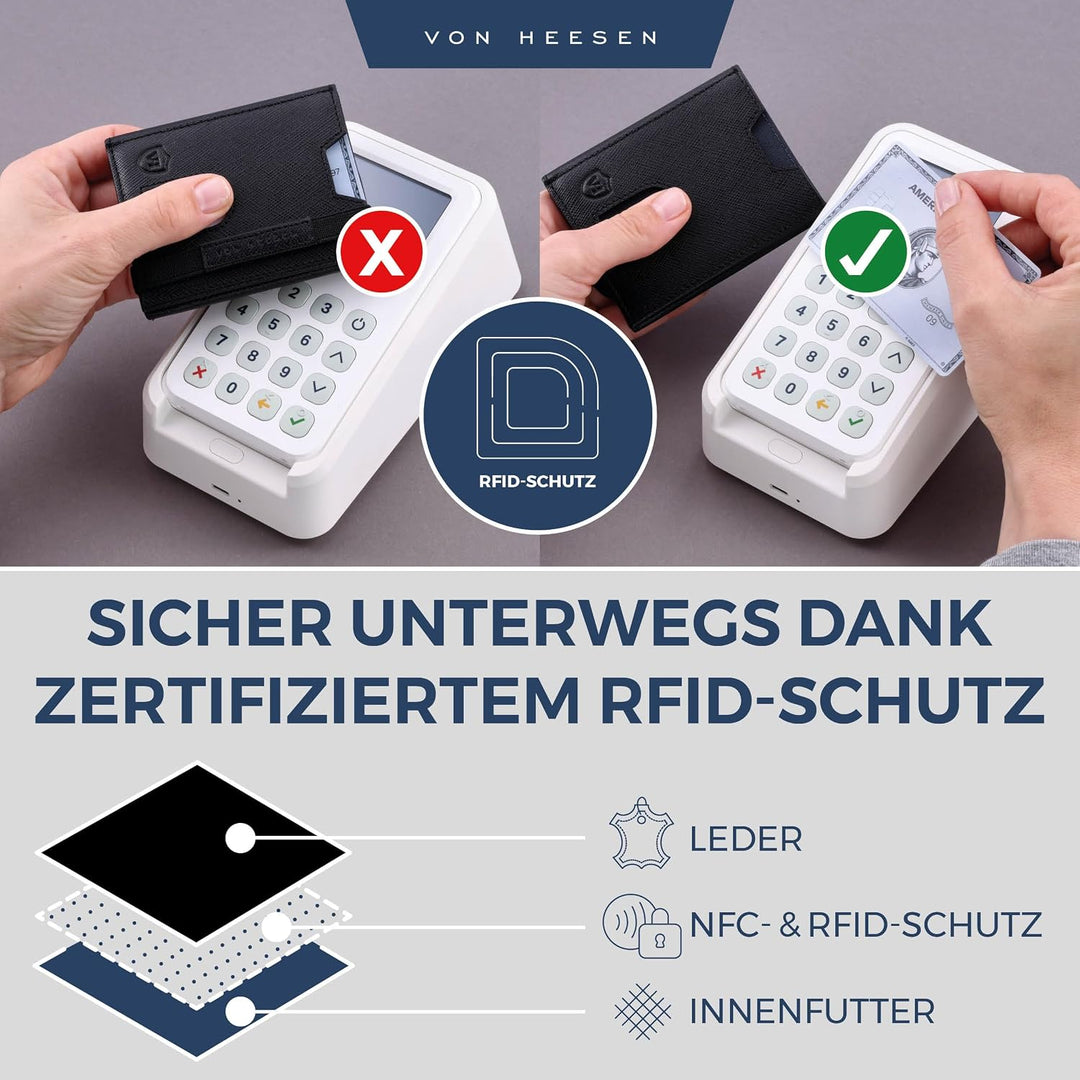 VON HEESEN Slim Wallet mit XL Münzfach &amp; RFID-Schutz - Leder Geldbeutel - Mini Geldbörse für Herren