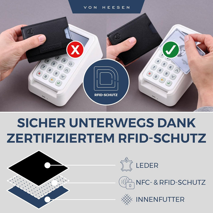 VON HEESEN Slim Wallet mit XL Münzfach &amp; RFID-Schutz - Leder Geldbeutel - Mini Geldbörse für Herren