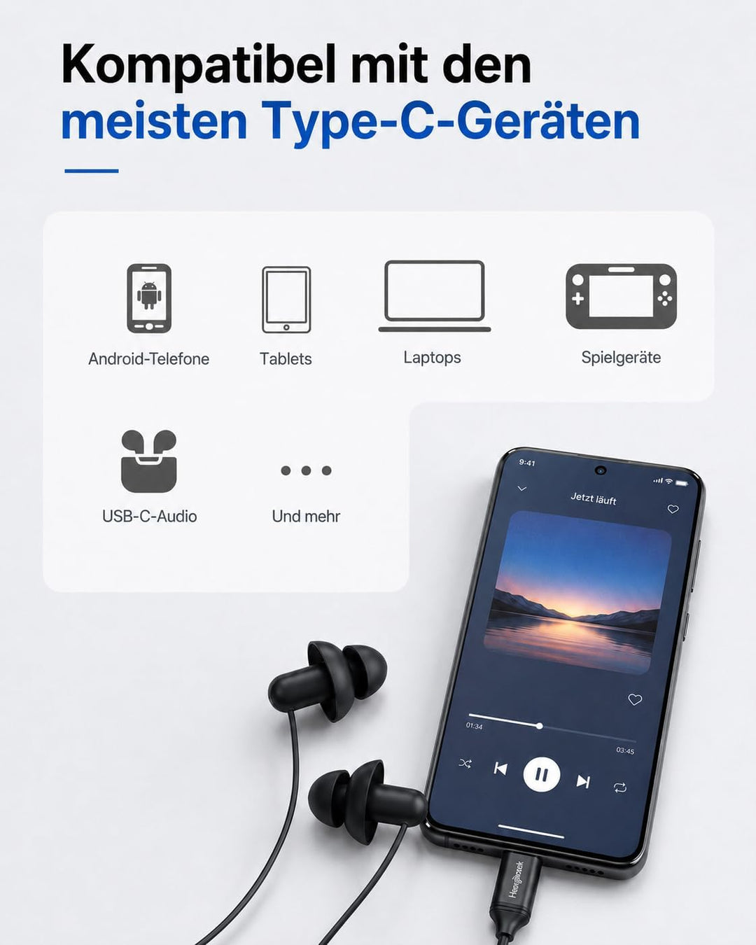 Hearprotek 2 Paar USB c-Schlaf-Ohrhörer, Kopfhörer mit Mikrofon-Silikon-Geräuschisolierung Typ c-Ohr