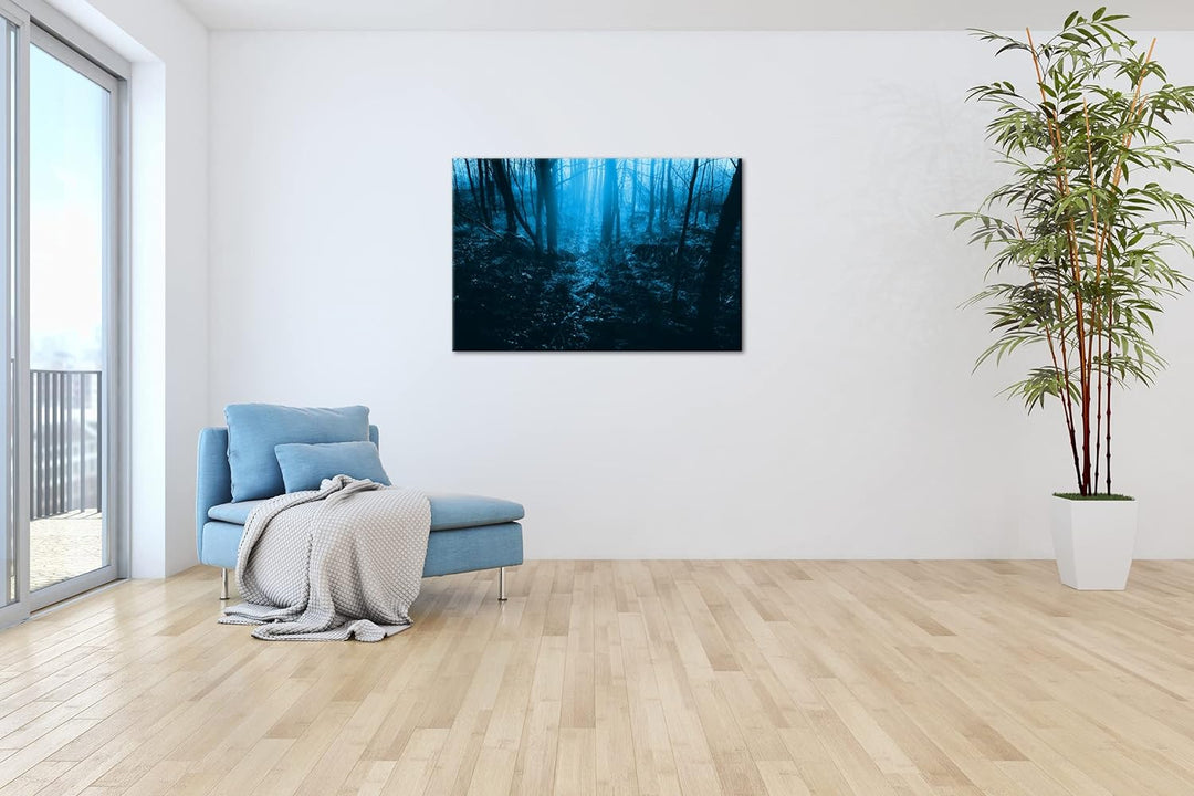 deyoli Dunkler Wald Format 60x40 Effekt: Monocrome Blau als Leinwandbild, Motiv fertig gerahmt auf E