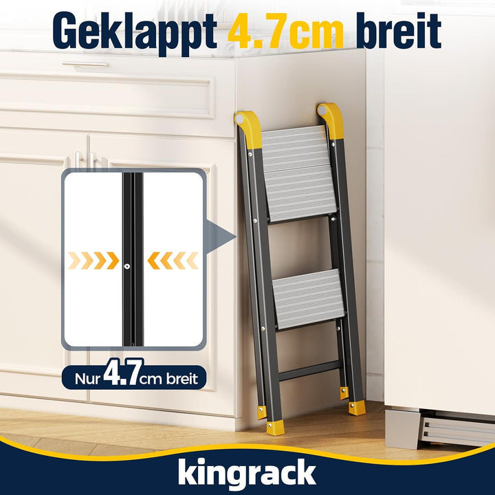 KINGRACK Trittleiter 2 Stufen Klappbar, Tritthocker aus Aluminium &amp; Stahl | Klapptritt mit Breite ru