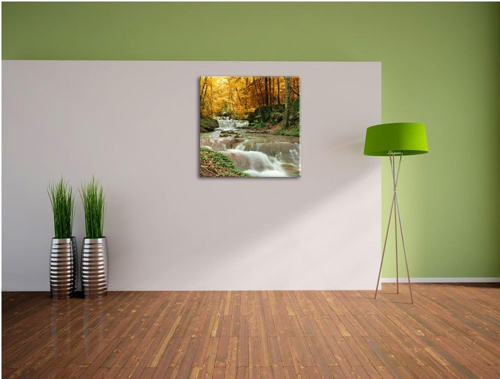 Waldbach im Herbst, Format: 70x70 auf Leinwand, XXL riesige Bilder fertig gerahmt mit Keilrahmen, Ku
