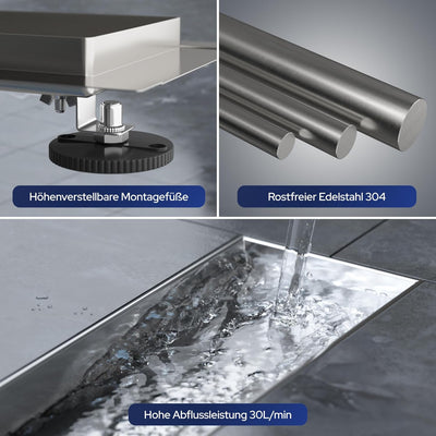 VILSTEIN Duschrinne 30cm | Befliesbar | Edelstahl Bodenablauf Komplettset | Extra flach | Siphon mit