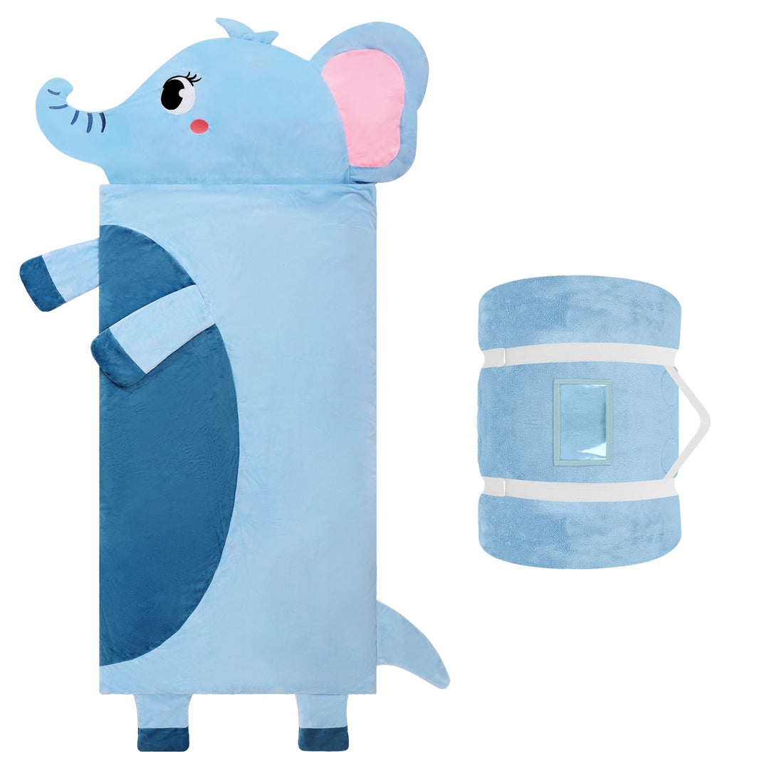 Schlafsack Kinder mit Kissen Abnehmbar,Warm Flausch Elefant Kinderschlafsack Doppelter Reissverschlu