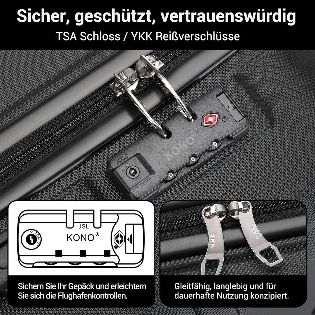 KONO Koffer Trolley Reisekoffer aus ABS+PC – Leichter Hartschalenkoffer mit 4 Zwillingsrollen und TS
