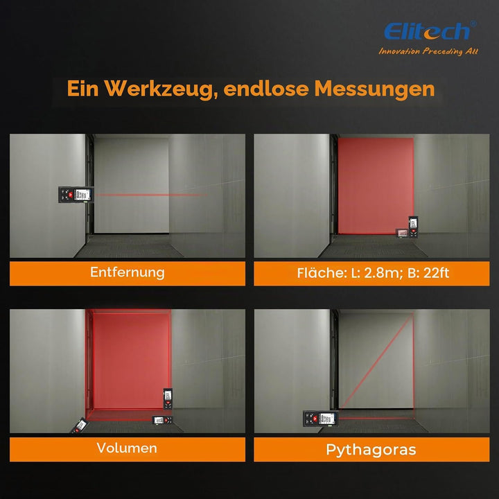 Elitech LDM-50-Series Laser Entfernungsmesser 50m Reichweite, ±2mm Genauigkeit, Flächen-/Volumen-/Py