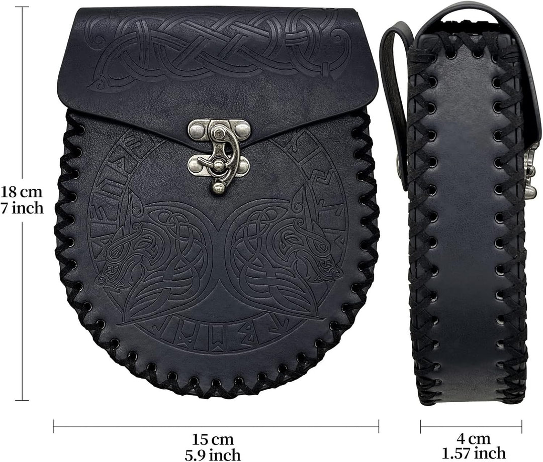 Nordische geprägte Gürteltasche, mittelalterliche Kunstledertasche, Schwarze Wikinger-Renaissance-Mü