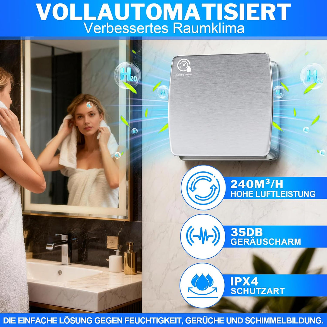 Ø150mm Badlüfter mit Feuchtigkeitssensor &amp; Nachlauf [18W - IPX4 - 35db] Leiser Abluftventilator mit