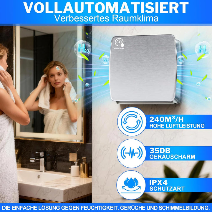 Ø150mm Badlüfter mit Feuchtigkeitssensor &amp; Nachlauf [18W - IPX4 - 35db] Leiser Abluftventilator mit