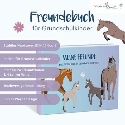 mintkind® „Meine Schulfreunde“ Freundebuch Schule Mädchen und Jungen Pferde Design | Freundschaftsbu