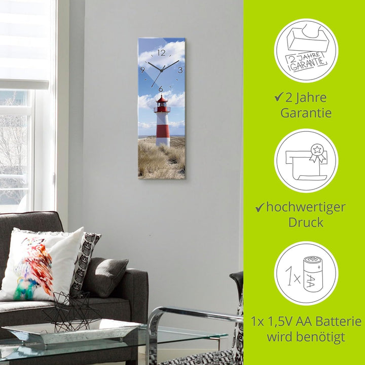 ARTLAND Wanduhr ohne Tickgeräusche Glas Quarzuhr 20x60 cm Rechteckig Lautlos Strand Meer Leuchtturm