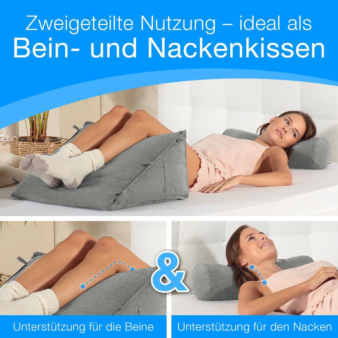 maxVitalis Rückenkissen Bett/Sofa mit Abnehmbarer Nackenrolle und Seitentasche, Rückenstützkissen mi